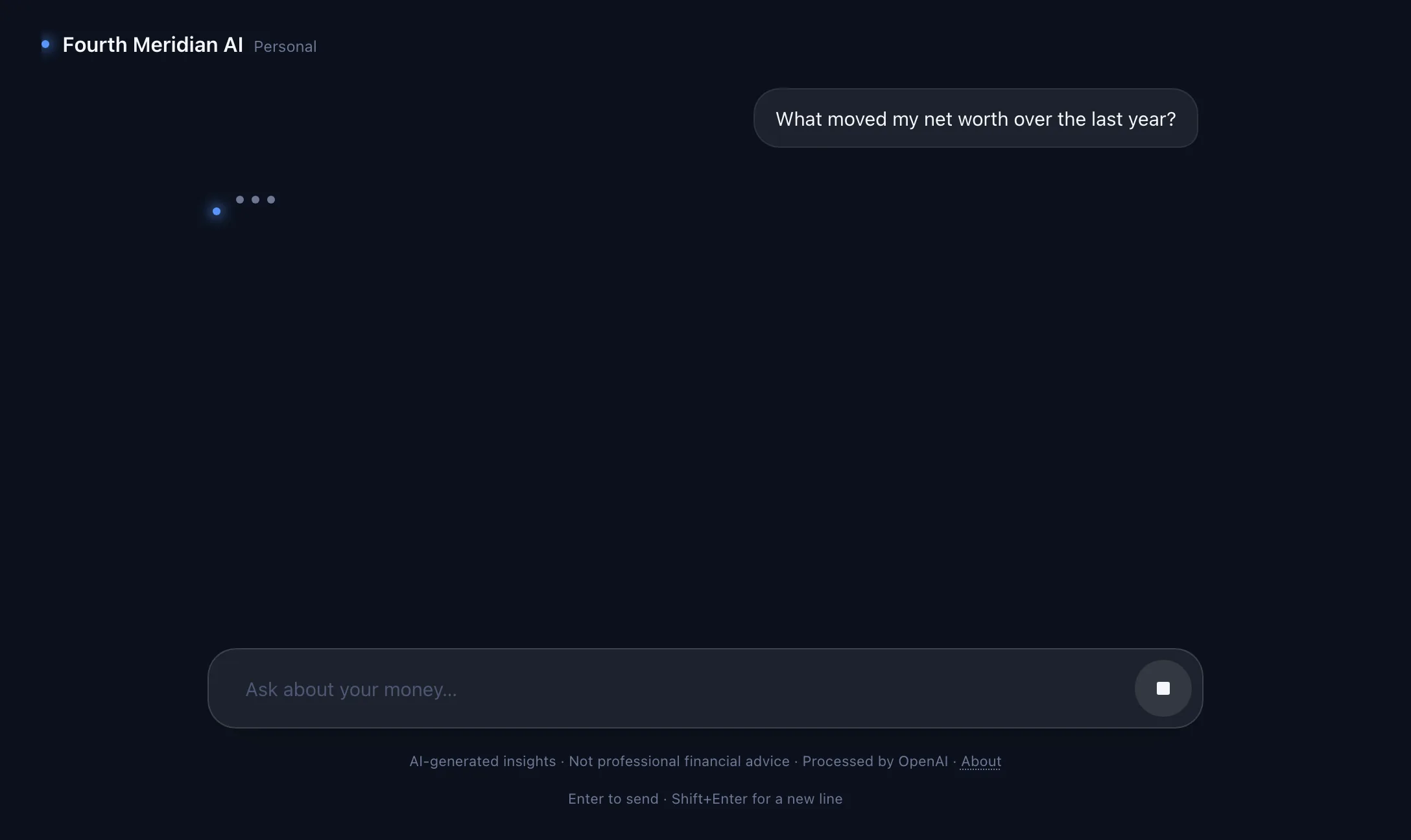 The Fourth Meridian AI conversation view. The question: “What moved my net worth over the last year?”